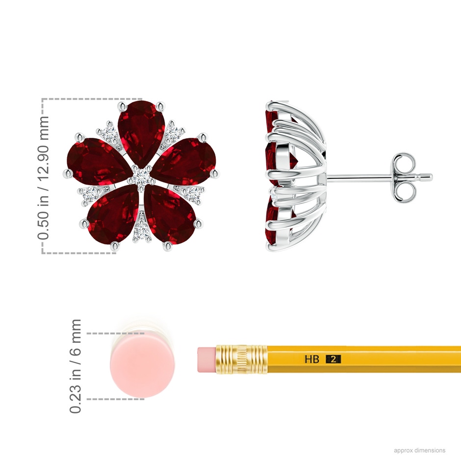 6x4mm AAAA Pear Ruby and Diamond Flower Stud Earrings in P950 Platinum ruler