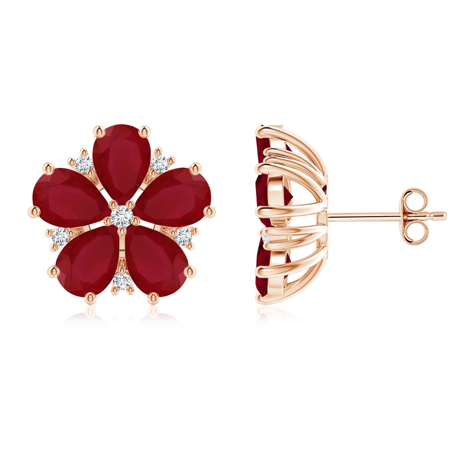 7x5mm AA Pear Ruby and Diamond Flower Stud Earrings in Rose Gold 