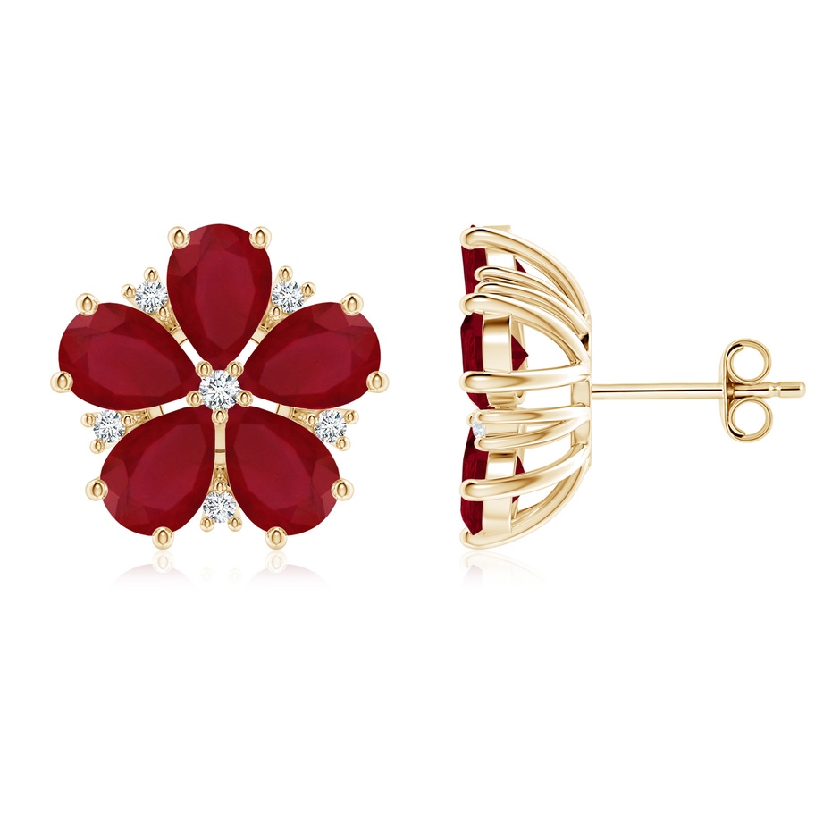 7x5mm AA Pear Ruby and Diamond Flower Stud Earrings in Yellow Gold 