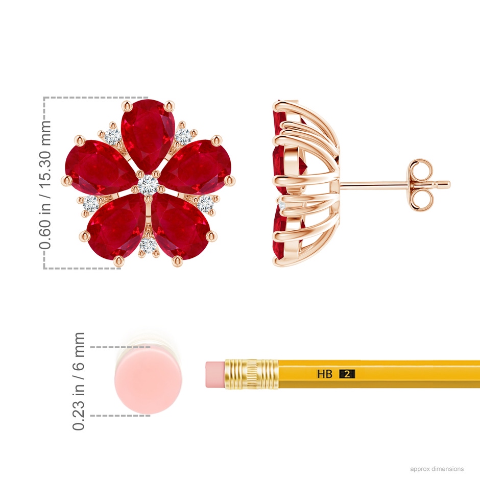 7x5mm AAA Pear Ruby and Diamond Flower Stud Earrings in Rose Gold ruler