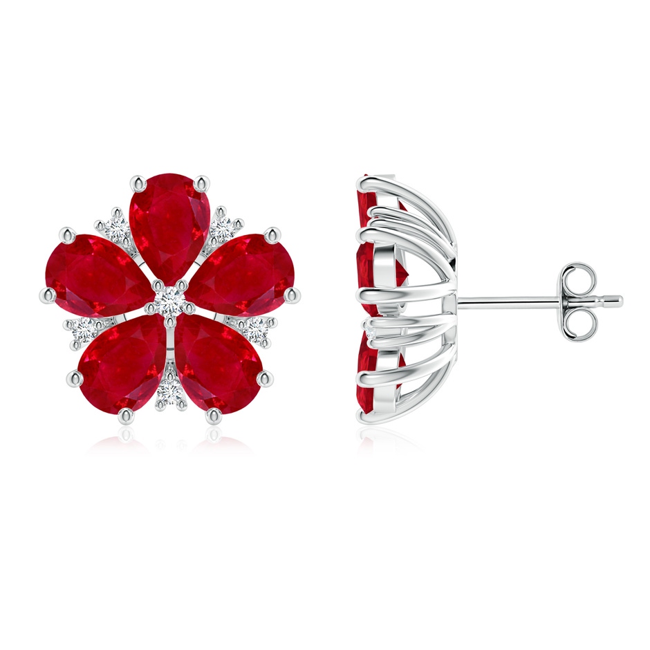 7x5mm AAA Pear Ruby and Diamond Flower Stud Earrings in White Gold 