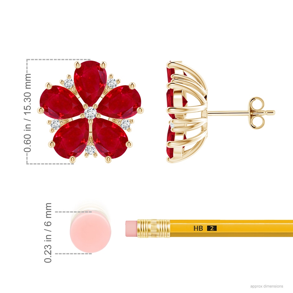 7x5mm AAA Pear Ruby and Diamond Flower Stud Earrings in Yellow Gold ruler