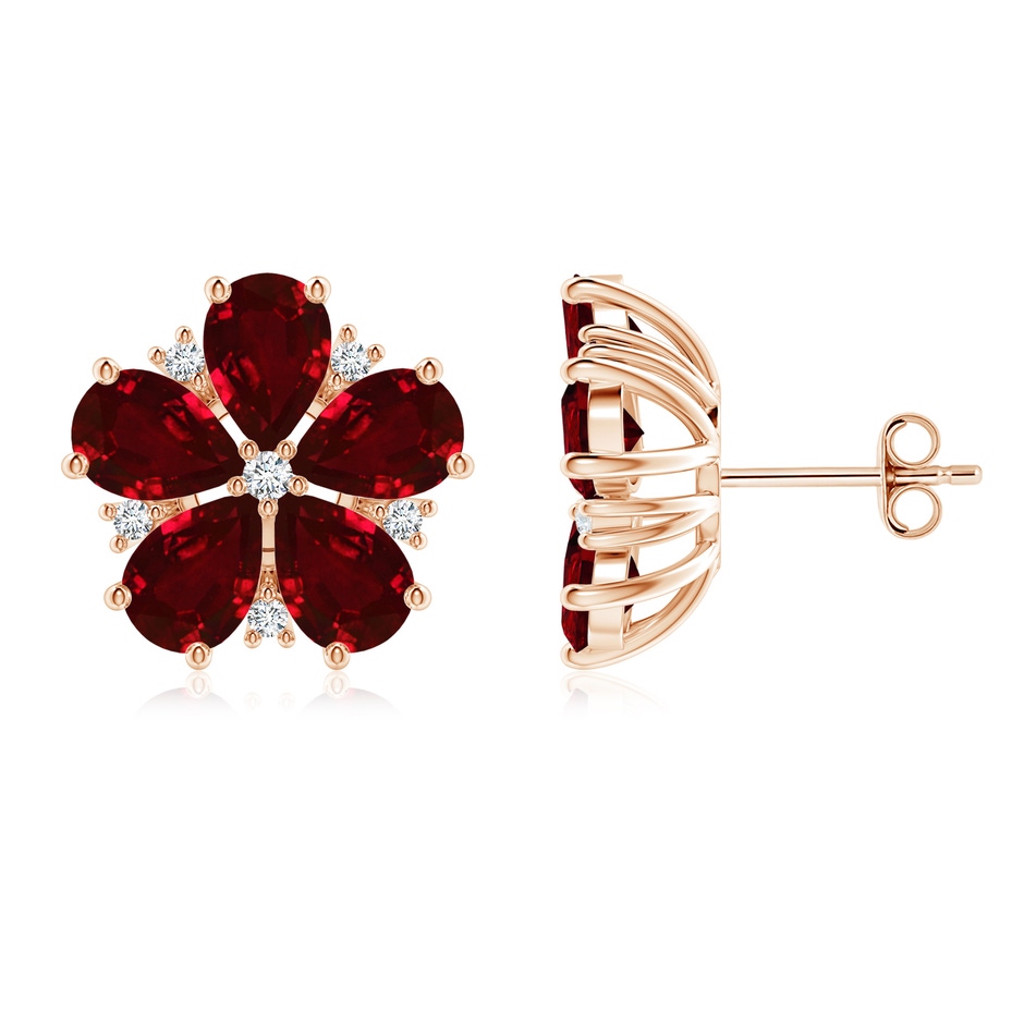 7x5mm AAAA Pear Ruby and Diamond Flower Stud Earrings in Rose Gold 