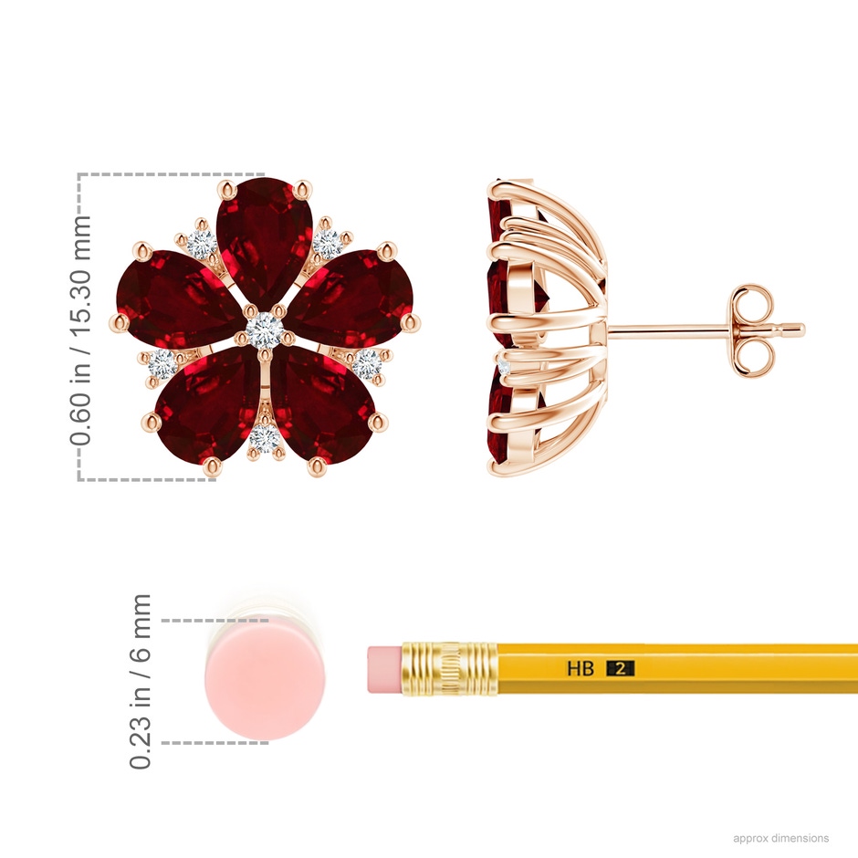 7x5mm AAAA Pear Ruby and Diamond Flower Stud Earrings in Rose Gold ruler