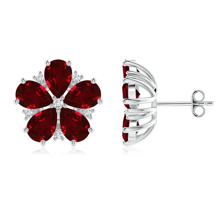 7x5mm AAAA Pear Ruby and Diamond Flower Stud Earrings in White Gold 