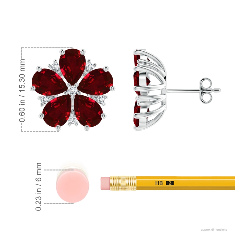 7x5mm AAAA Pear Ruby and Diamond Flower Stud Earrings in White Gold ruler