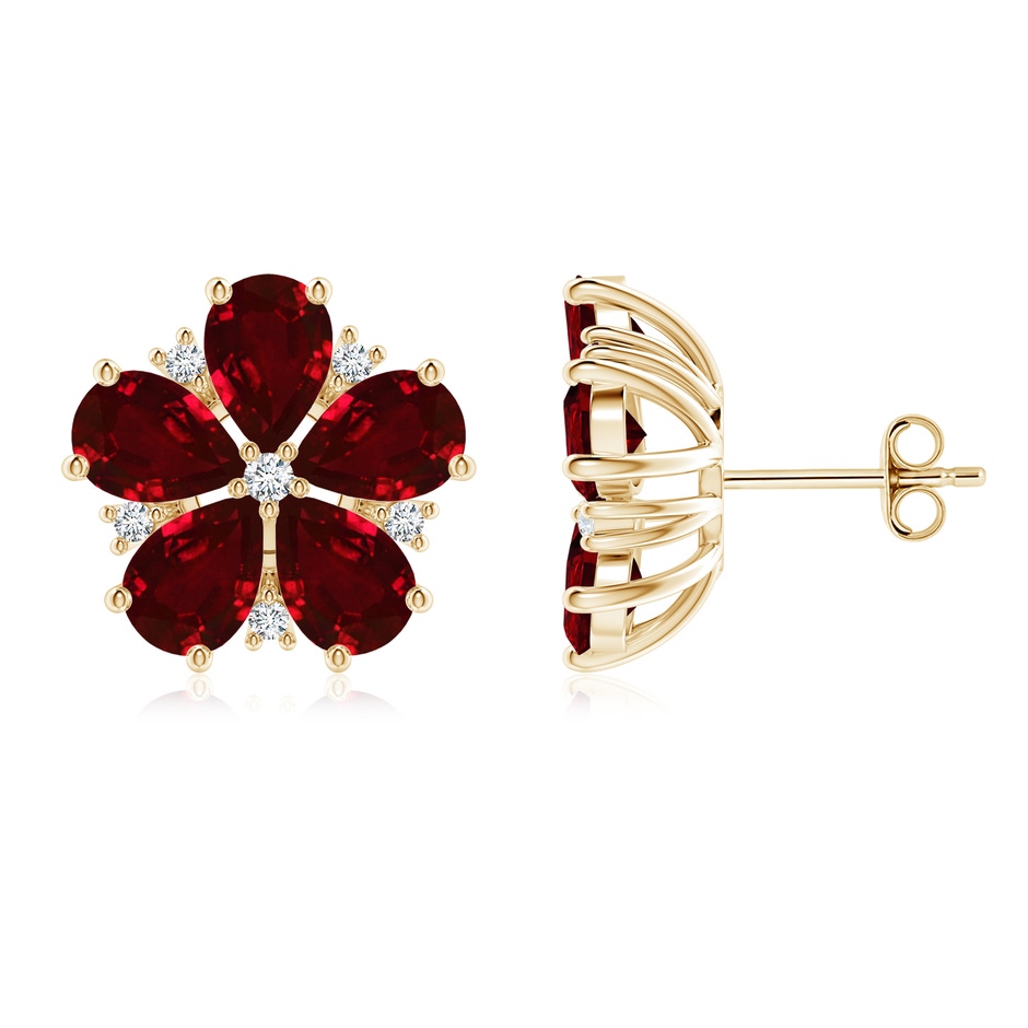 7x5mm AAAA Pear Ruby and Diamond Flower Stud Earrings in Yellow Gold 