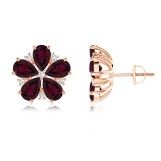 6x4mm A Pear-Shaped Rhodolite and Diamond Flower Stud Earrings in Rose Gold
