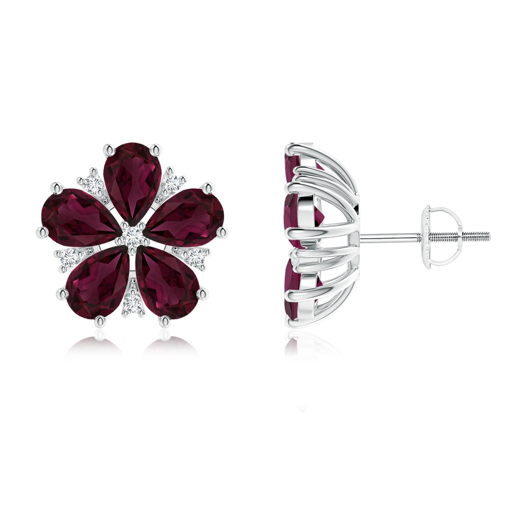 6x4mm AAA Pear-Shaped Rhodolite and Diamond Flower Stud Earrings in White Gold