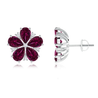 6x4mm AAAA Pear-Shaped Rhodolite and Diamond Flower Stud Earrings in P950 Platinum