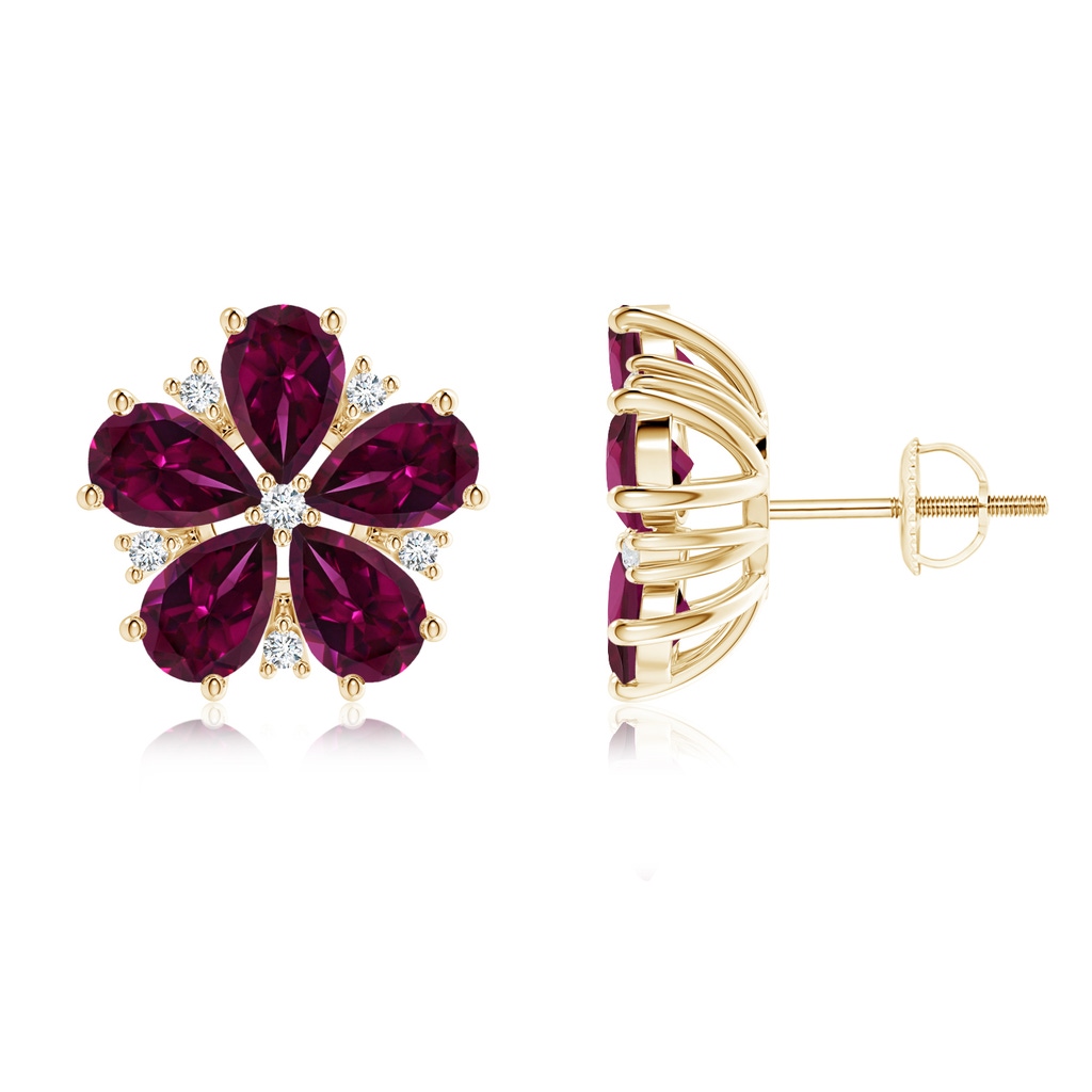 6x4mm AAAA Pear-Shaped Rhodolite and Diamond Flower Stud Earrings in Yellow Gold