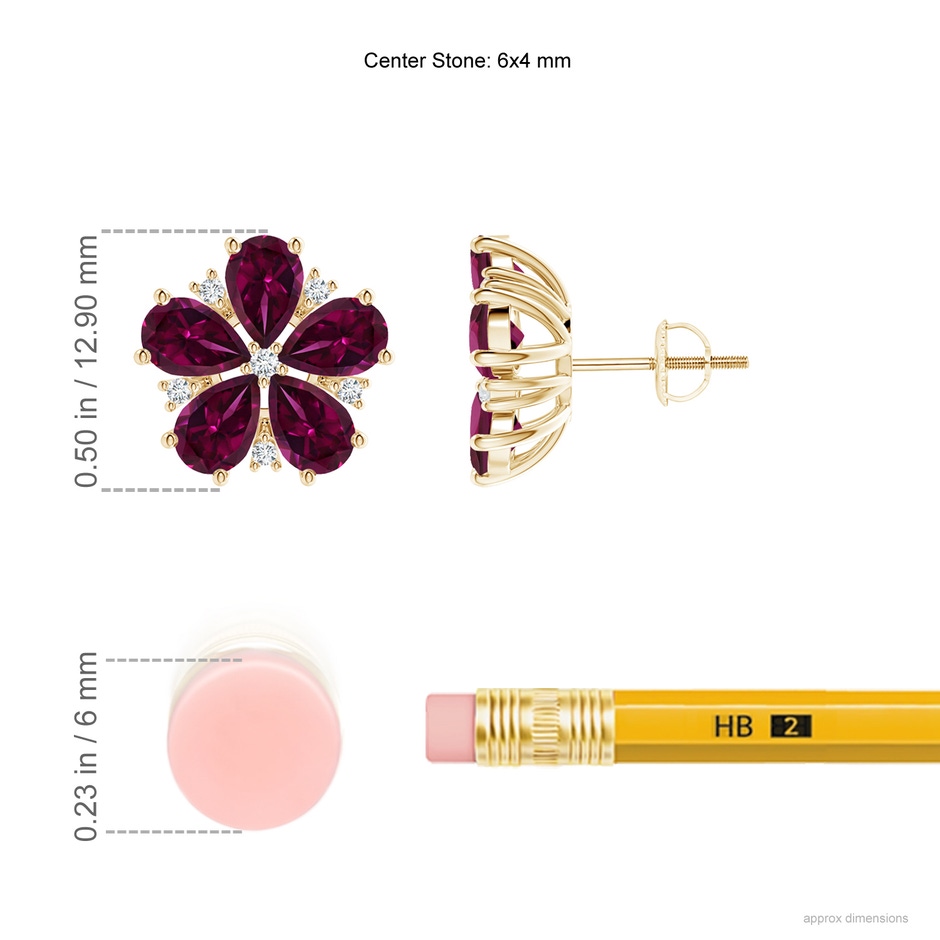 6x4mm AAAA Pear-Shaped Rhodolite and Diamond Flower Stud Earrings in Yellow Gold ruler