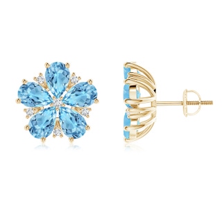 6x4mm A Pear-Shaped Swiss Blue Topaz and Diamond Stud Earrings in 9K Yellow Gold
