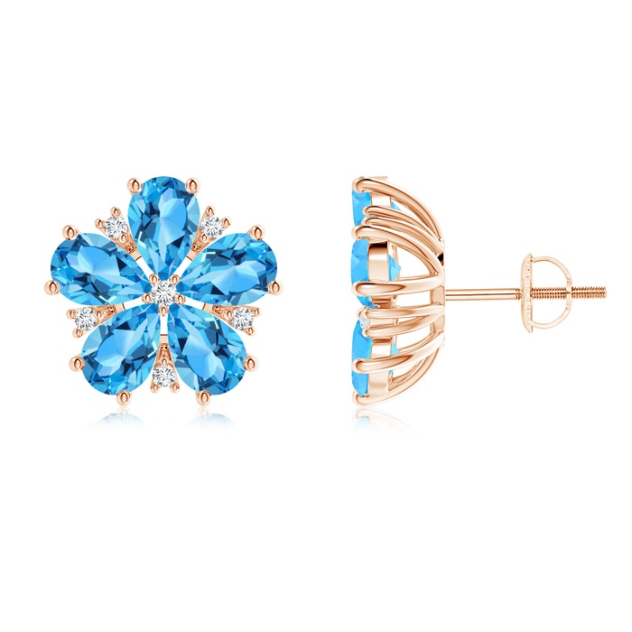 6x4mm AAA Pear-Shaped Swiss Blue Topaz and Diamond Stud Earrings in Rose Gold