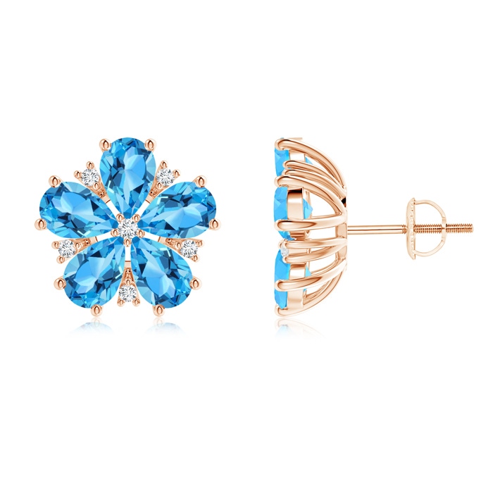 6x4mm AAA Pear-Shaped Swiss Blue Topaz and Diamond Stud Earrings in Rose Gold 