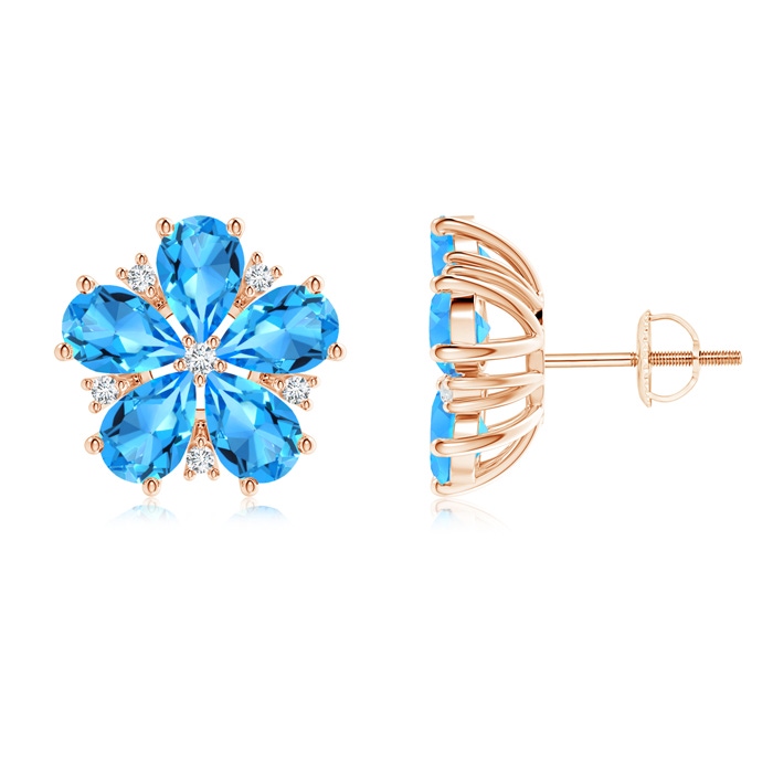 6x4mm AAAA Pear-Shaped Swiss Blue Topaz and Diamond Stud Earrings in Rose Gold 