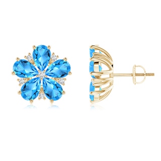 6x4mm AAAA Pear-Shaped Swiss Blue Topaz and Diamond Stud Earrings in Yellow Gold