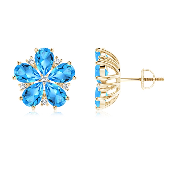 6x4mm AAAA Pear-Shaped Swiss Blue Topaz and Diamond Stud Earrings in Yellow Gold 