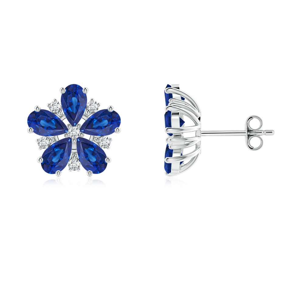 5x3mm AAA Pear Blue Sapphire and Diamond Flower Stud Earrings in White Gold 