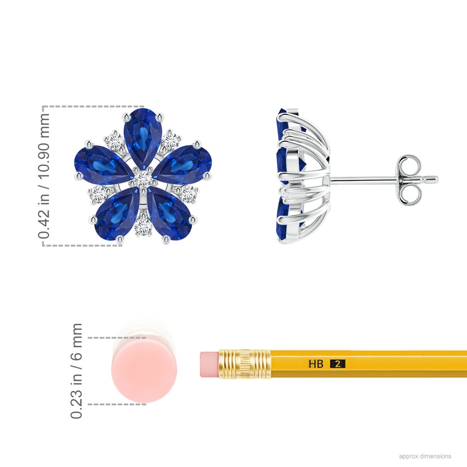 5x3mm AAA Pear Blue Sapphire and Diamond Flower Stud Earrings in White Gold ruler