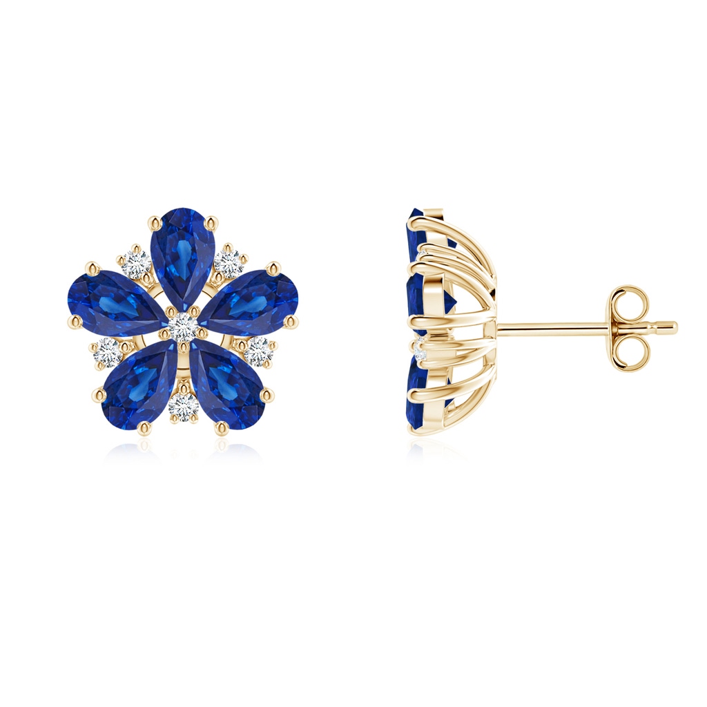 5x3mm AAA Pear Blue Sapphire and Diamond Flower Stud Earrings in Yellow Gold