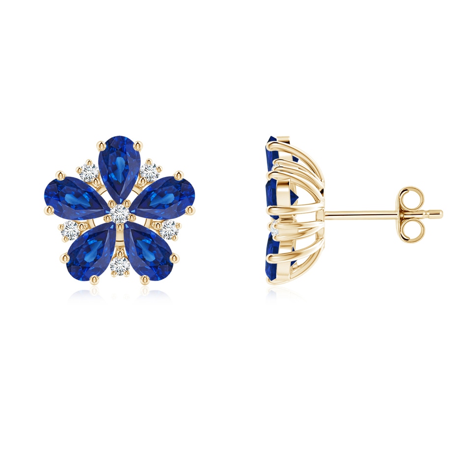 5x3mm AAA Pear Blue Sapphire and Diamond Flower Stud Earrings in Yellow Gold 