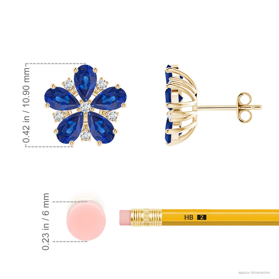 5x3mm AAA Pear Blue Sapphire and Diamond Flower Stud Earrings in Yellow Gold ruler