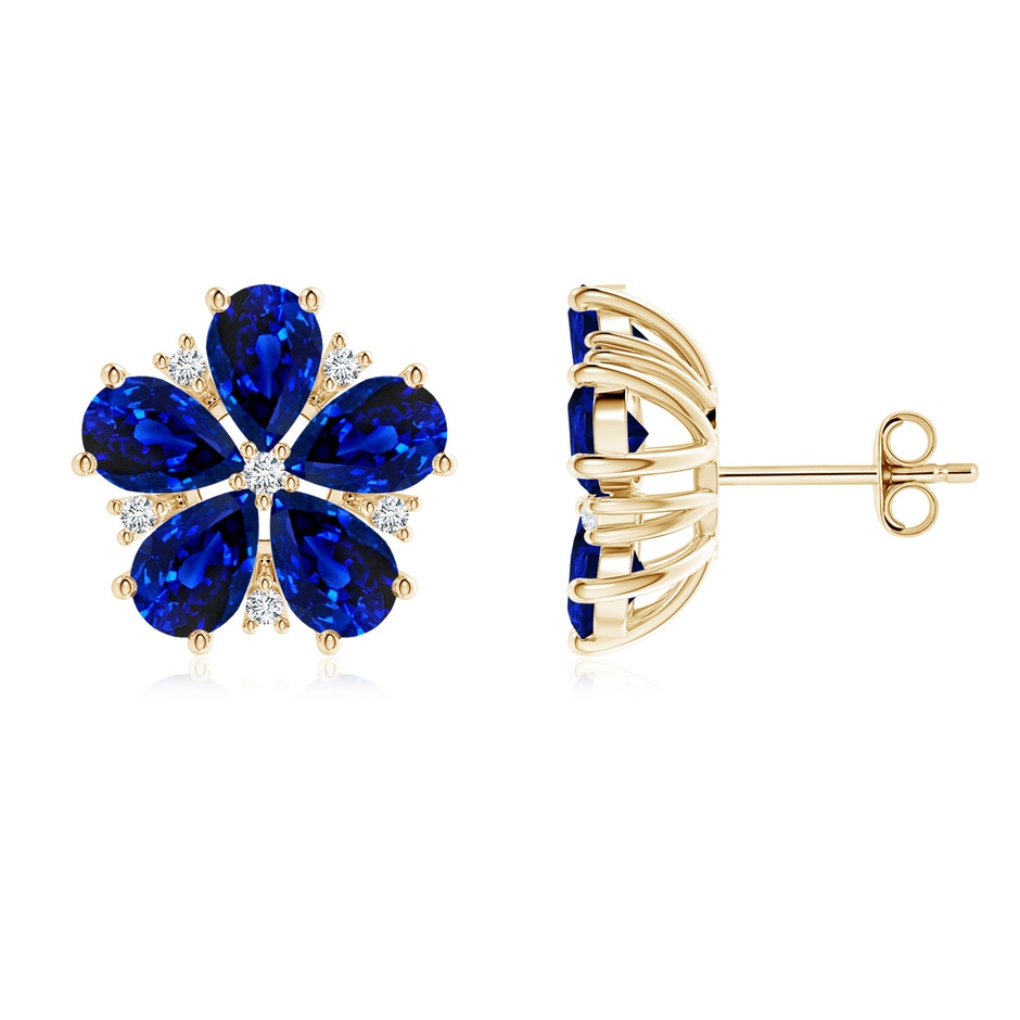 6x4mm Lab-Grown Pear Blue Sapphire and Diamond Flower Stud Earrings in Yellow Gold 