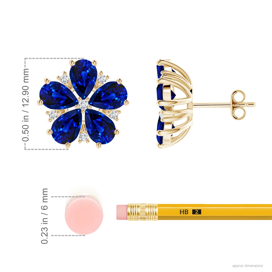 6x4mm Lab-Grown Pear Blue Sapphire and Diamond Flower Stud Earrings in Yellow Gold ruler