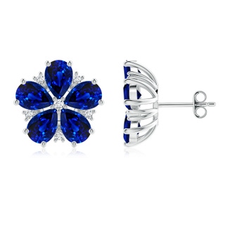 7x5mm AAAA Pear Blue Sapphire and Diamond Flower Stud Earrings in P950 Platinum