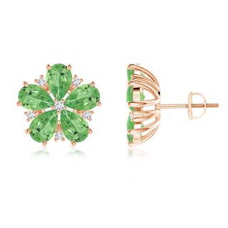 6x4mm A Pear-Shaped Tsavorite and Diamond Flower Stud Earrings in Rose Gold