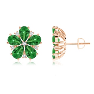 6x4mm AAA Pear-Shaped Tsavorite and Diamond Flower Stud Earrings in Rose Gold