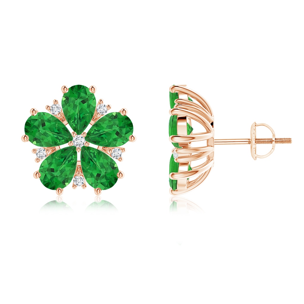 6x4mm AAAA Pear-Shaped Tsavorite and Diamond Flower Stud Earrings in Rose Gold