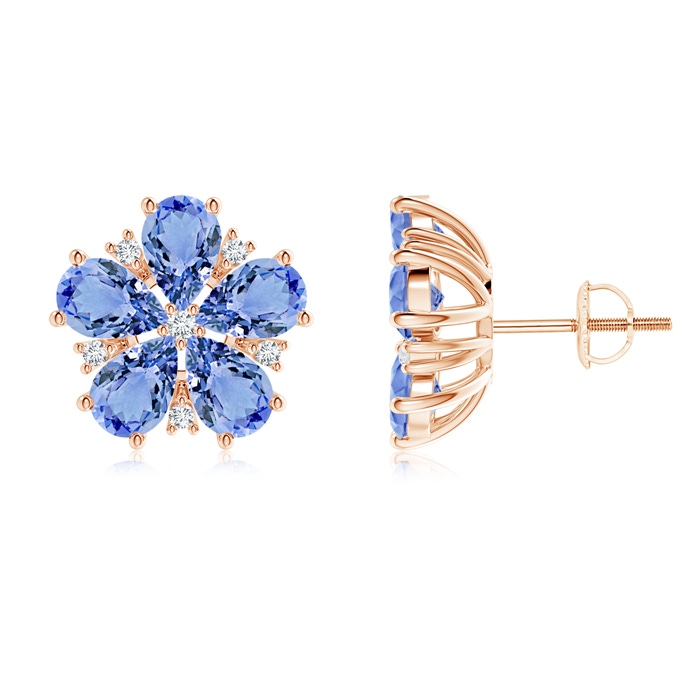 6x4mm A Pear-Shaped Tanzanite and Diamond Flower Stud Earrings in Rose Gold 