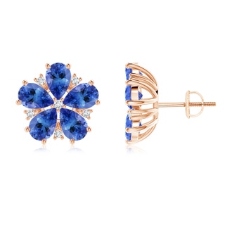 6x4mm AA Pear-Shaped Tanzanite and Diamond Flower Stud Earrings in 9K Rose Gold