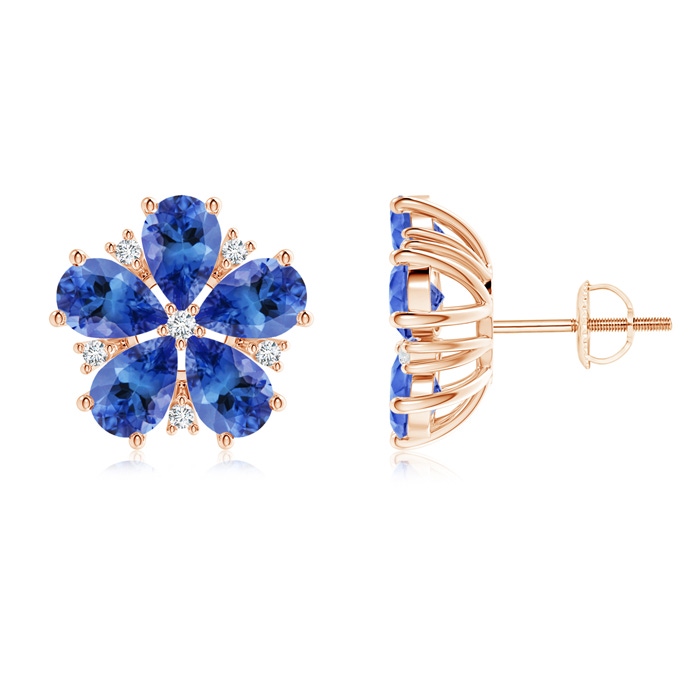 6x4mm AA Pear-Shaped Tanzanite and Diamond Flower Stud Earrings in 9K Rose Gold 