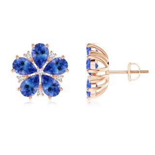 6x4mm AA Pear-Shaped Tanzanite and Diamond Flower Stud Earrings in Rose Gold