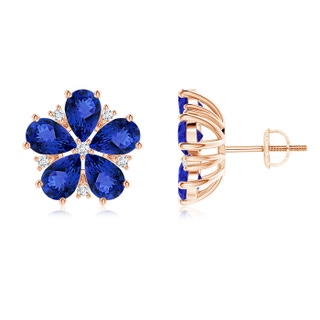 6x4mm AAA Pear-Shaped Tanzanite and Diamond Flower Stud Earrings in 9K Rose Gold