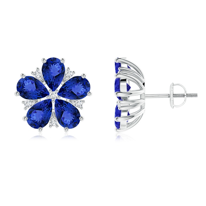 6x4mm AAA Pear-Shaped Tanzanite and Diamond Flower Stud Earrings in White Gold