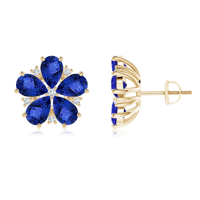 6x4mm AAA Pear-Shaped Tanzanite and Diamond Flower Stud Earrings in Yellow Gold 