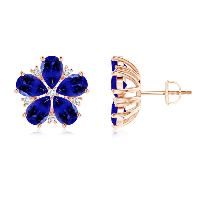 6x4mm AAAA Pear-Shaped Tanzanite and Diamond Flower Stud Earrings in Rose Gold