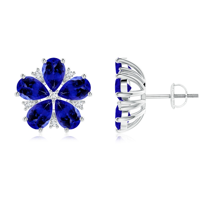 6x4mm AAAA Pear-Shaped Tanzanite and Diamond Flower Stud Earrings in White Gold 
