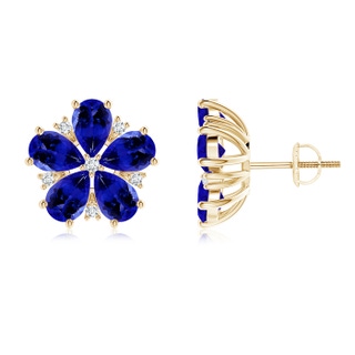 6x4mm AAAA Pear-Shaped Tanzanite and Diamond Flower Stud Earrings in Yellow Gold