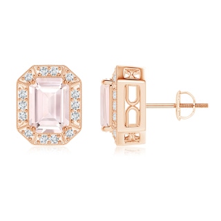 7x5mm A Emerald-Cut Morganite and Diamond Halo Stud Earrings in Rose Gold