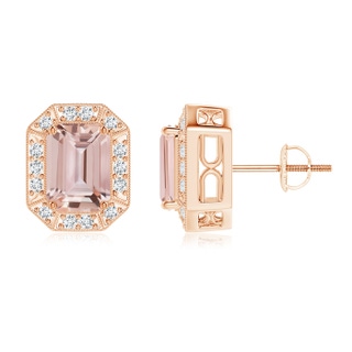 7x5mm AAA Emerald-Cut Morganite and Diamond Halo Stud Earrings in Rose Gold