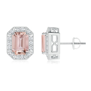 7x5mm AAA Emerald-Cut Morganite and Diamond Halo Stud Earrings in White Gold