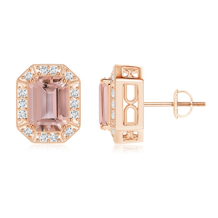 7x5mm AAAA Emerald-Cut Morganite and Diamond Halo Stud Earrings in Rose Gold