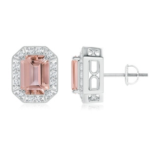 7x5mm AAAA Emerald-Cut Morganite and Diamond Halo Stud Earrings in White Gold