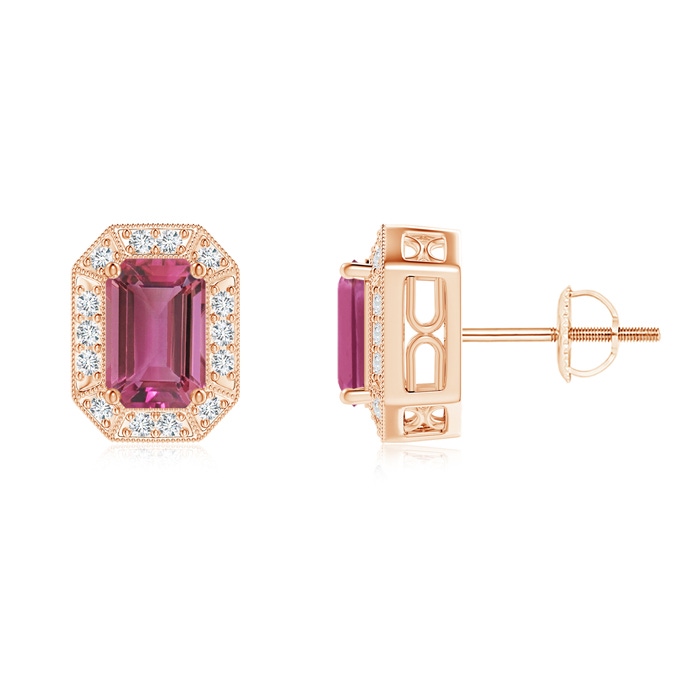 6x4mm AAAA Emerald-Cut Pink Tourmaline and Diamond Halo Stud Earrings in Rose Gold