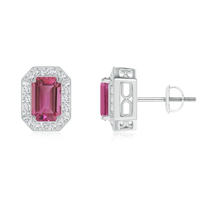 6x4mm AAAA Emerald-Cut Pink Tourmaline and Diamond Halo Stud Earrings in White Gold